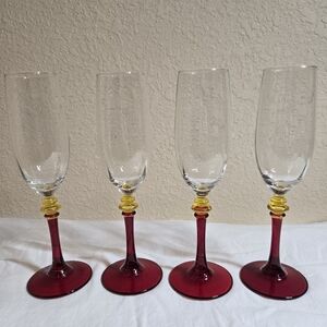 Vintage Fratelli Fumo Crystal Champagne Flutes Set Of 4 Red And Yellow